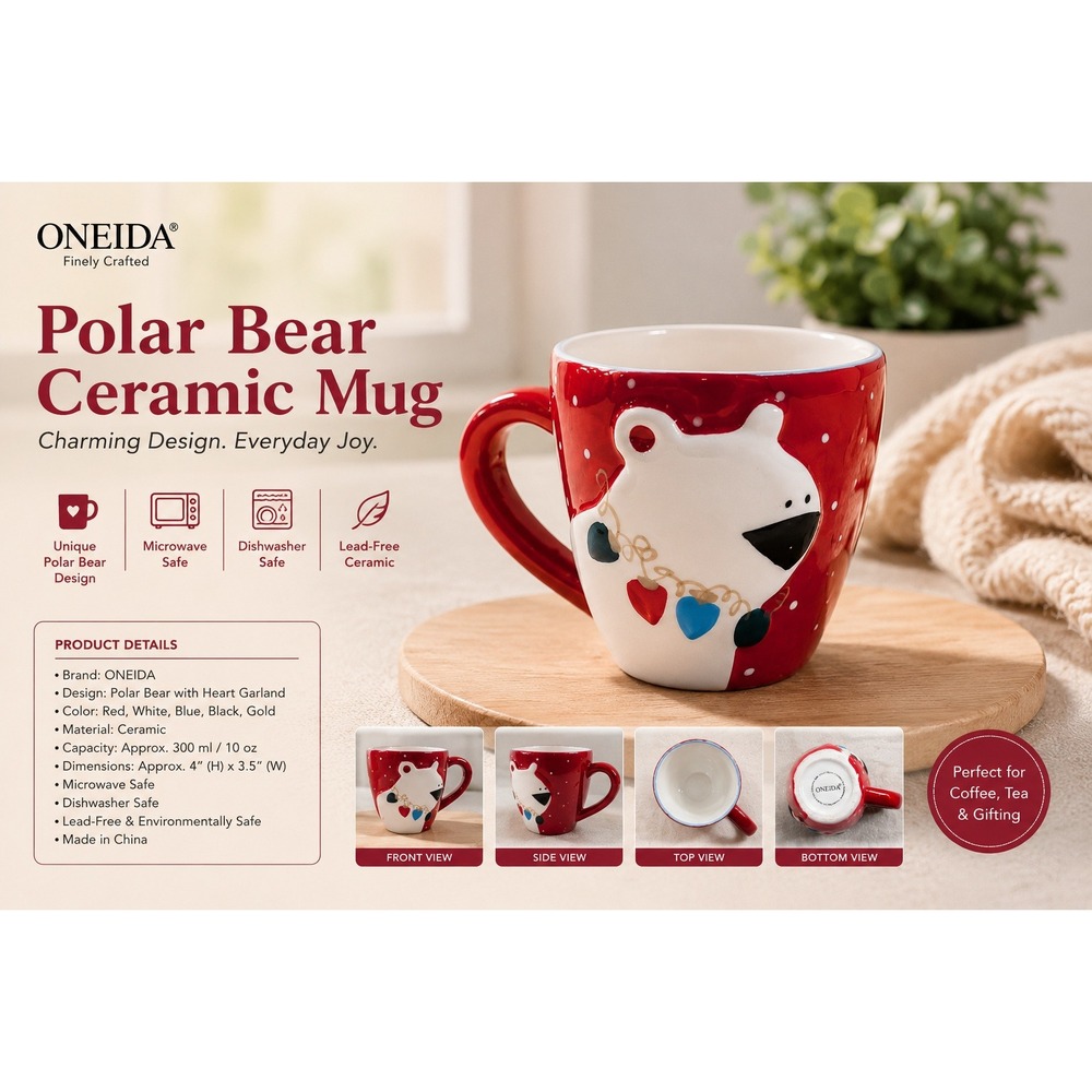 Oneida Polar Bear Ceramic Mug Red White Heart Garland Holiday Coffee Cup 10oz